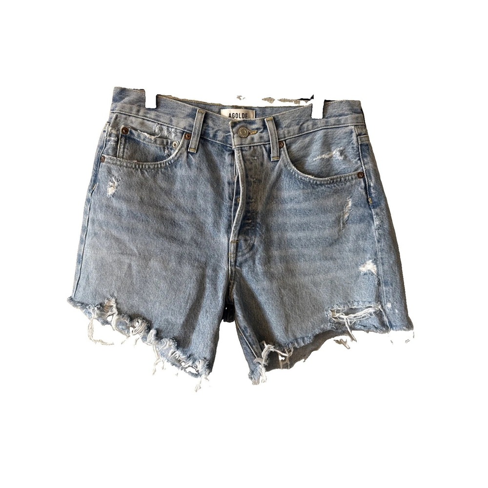 AGOLDE Parker Long Vintage Loose High Rise Distressed Denim Shorts Blue 26